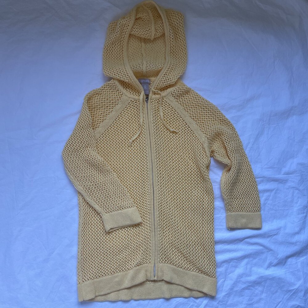 Chico women's open weave yellow hooded zip front sweater size 0